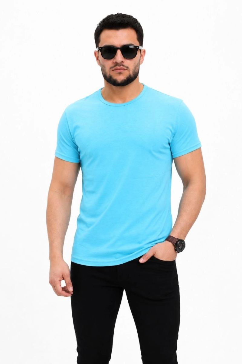 Erkek Basic Tişört Bisiklet Yaka Kısa Kol Günlük Yazlık Slim fit T-Shirt - Açık Mavi