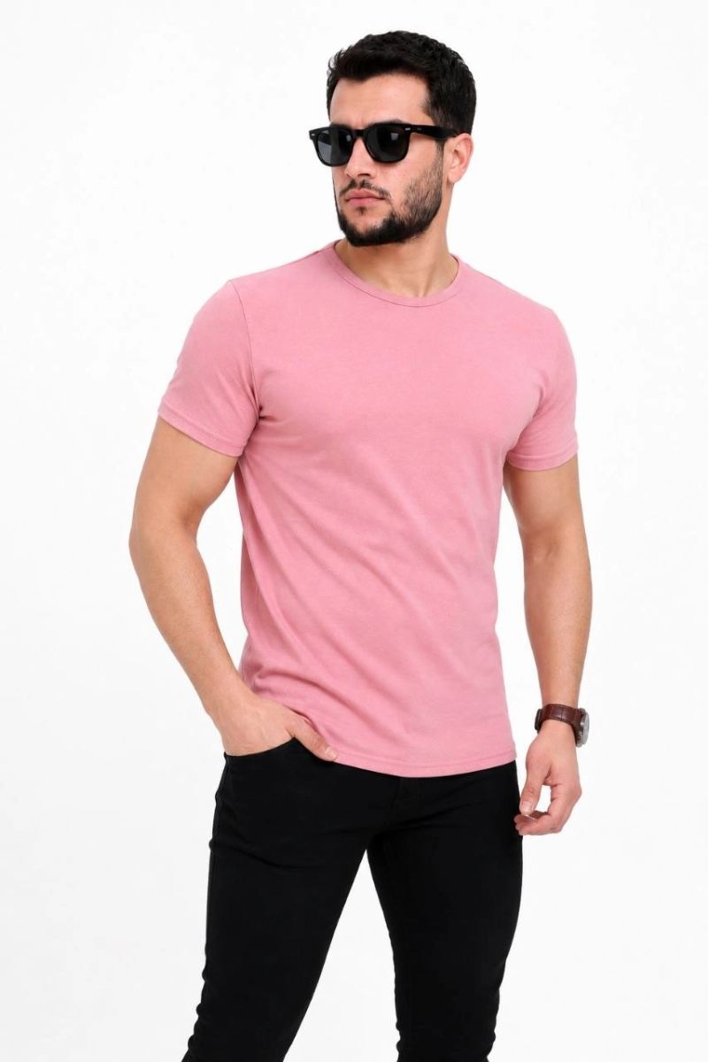 Erkek Basic Tişört Bisiklet Yaka Kısa Kol Günlük Yazlık Slim fit T-Shirt - Pembe