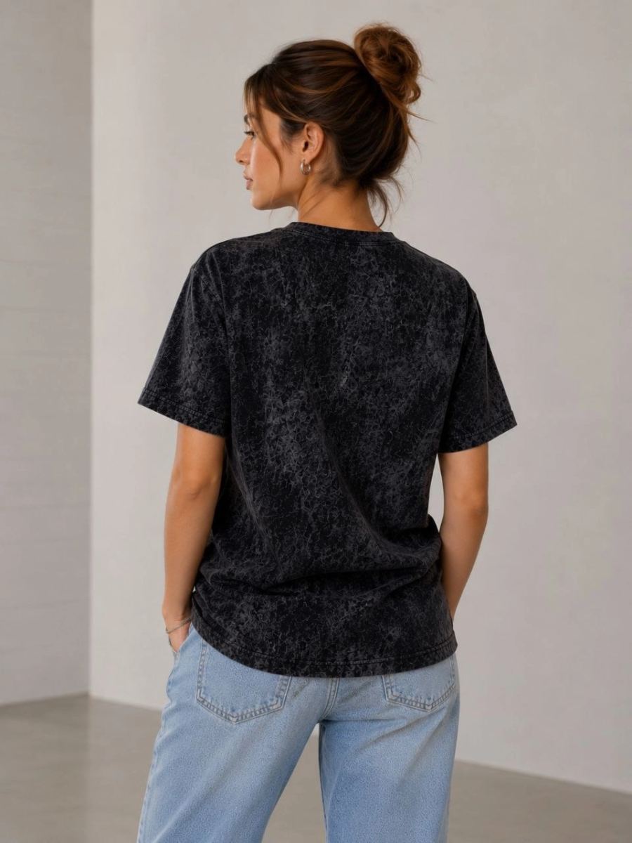 Kadın Yıkamalı Washed Effect Tişört Bisiklet Yaka Sokak Stil Kısa Kol T-Shirt - Siyah