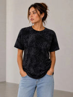 Kadın Yıkamalı Washed Effect Tişört Bisiklet Yaka Sokak Stil Kısa Kol T-Shirt - Siyah