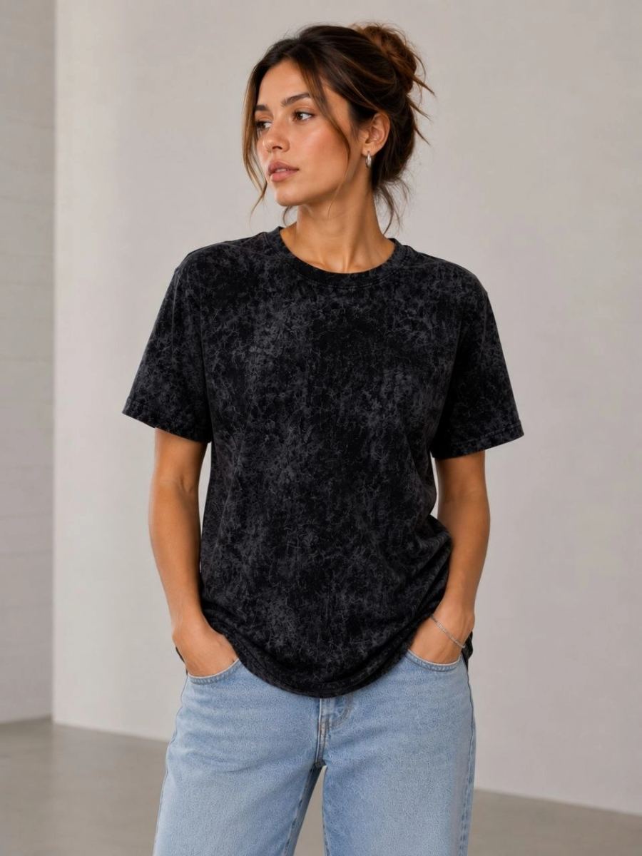 Kadın Yıkamalı Washed Effect Tişört Bisiklet Yaka Sokak Stil Kısa Kol T-Shirt - Siyah