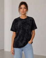 Kadın Yıkamalı Washed Effect Tişört Bisiklet Yaka Sokak Stil Kısa Kol T-Shirt - Siyah