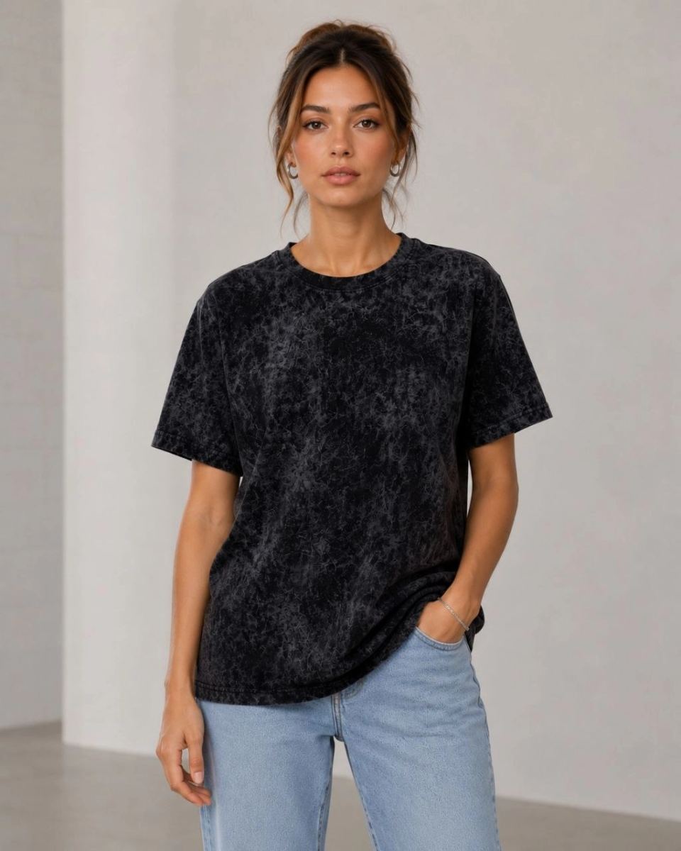 Kadın Yıkamalı Washed Effect Tişört Bisiklet Yaka Sokak Stil Kısa Kol T-Shirt - Siyah