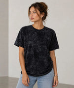 Kadın Yıkamalı Washed Effect Tişört Bisiklet Yaka Sokak Stil Kısa Kol T-Shirt - Siyah