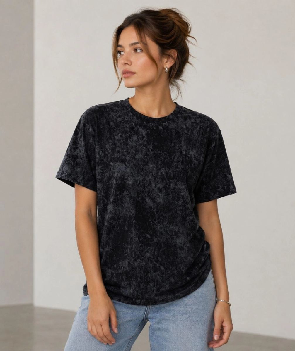 Kadın Yıkamalı Washed Effect Tişört Bisiklet Yaka Sokak Stil Kısa Kol T-Shirt - Siyah