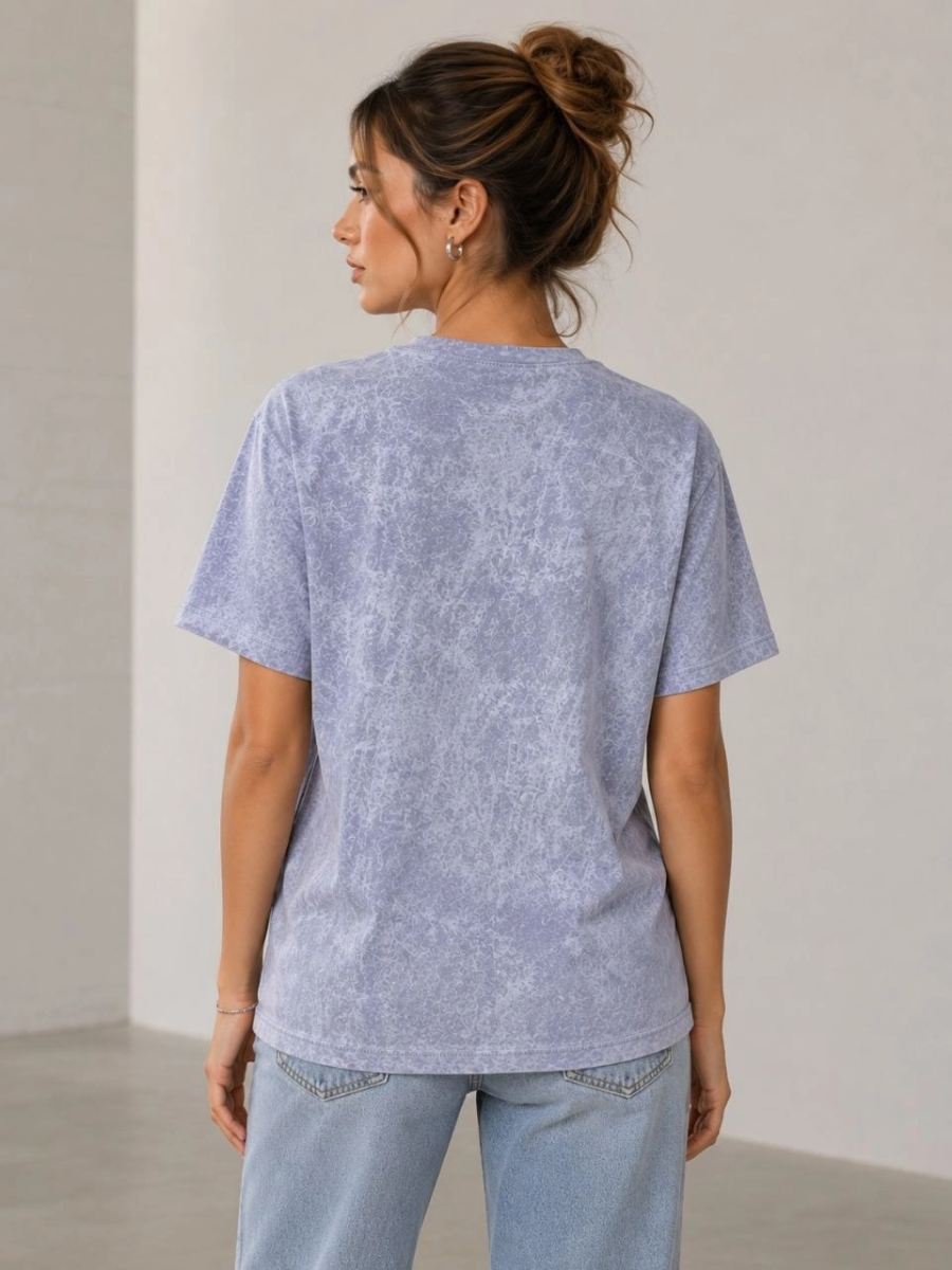 Kadın Yıkamalı Washed Effect Tişört Bisiklet Yaka Sokak Stil Kısa Kol T-Shirt - Gri