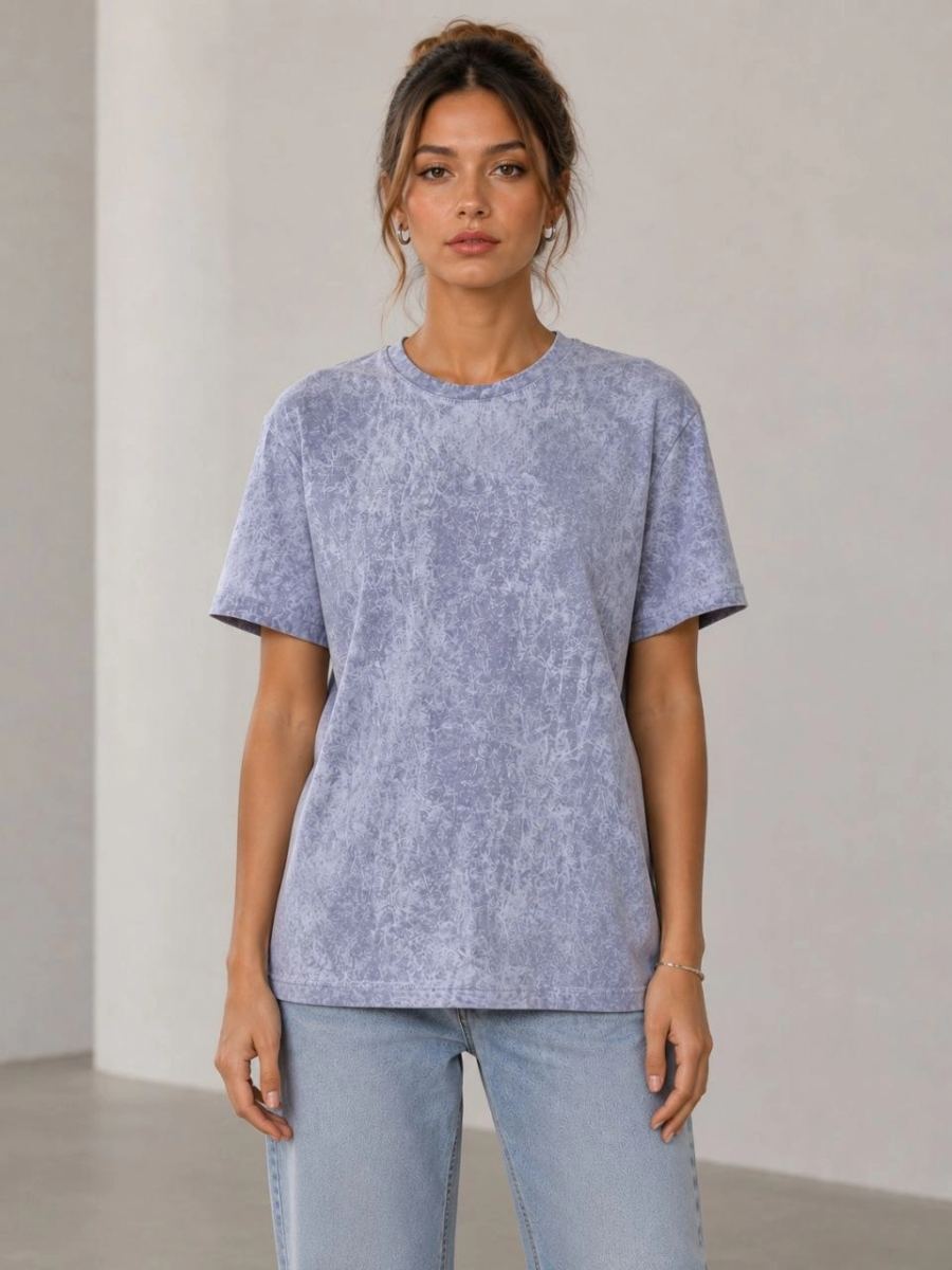 Kadın Yıkamalı Washed Effect Tişört Bisiklet Yaka Sokak Stil Kısa Kol T-Shirt - Gri