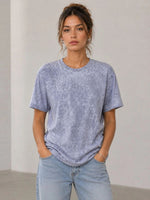 Kadın Yıkamalı Washed Effect Tişört Bisiklet Yaka Sokak Stil Kısa Kol T-Shirt - Gri