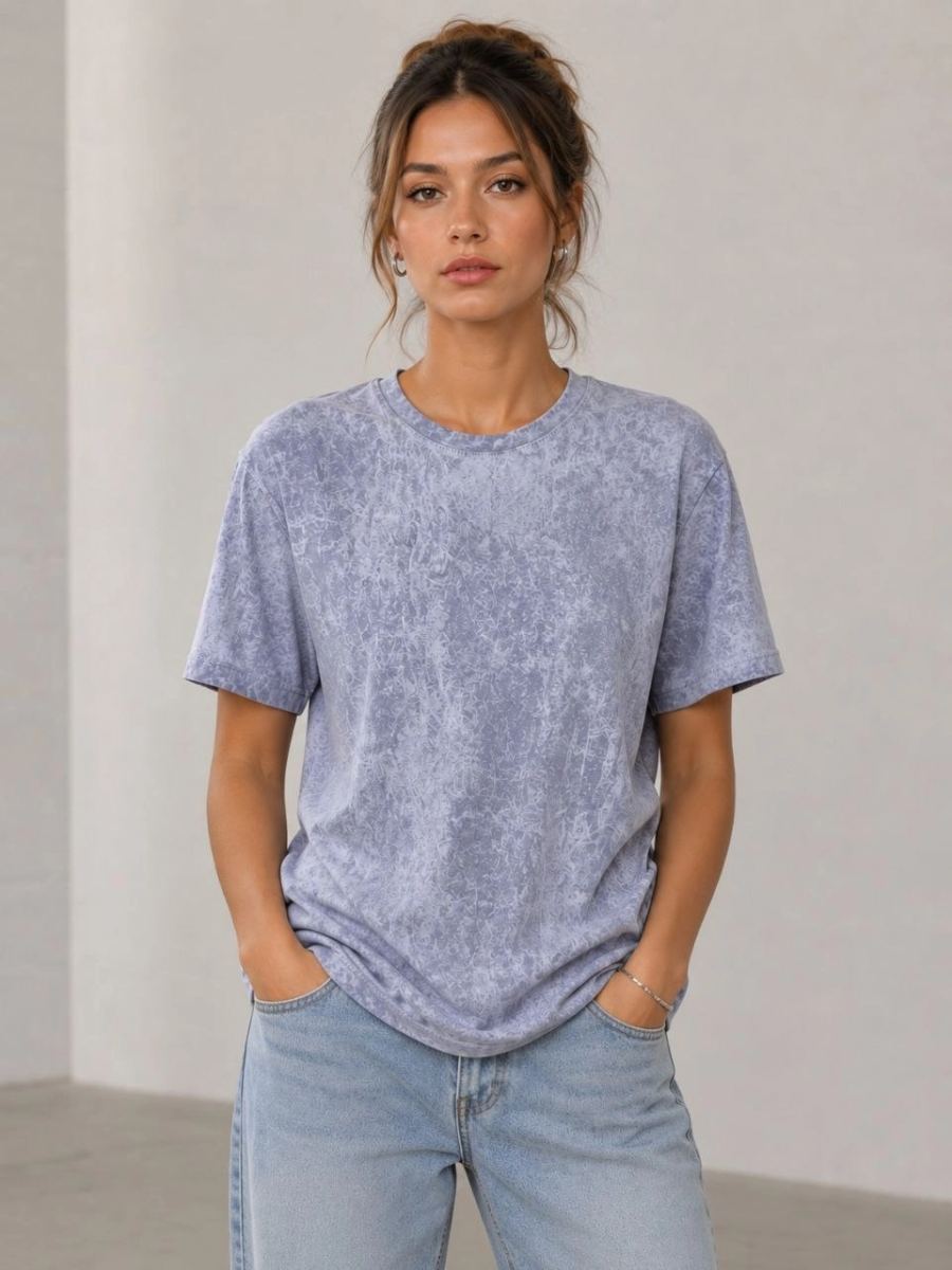 Kadın Yıkamalı Washed Effect Tişört Bisiklet Yaka Sokak Stil Kısa Kol T-Shirt - Gri