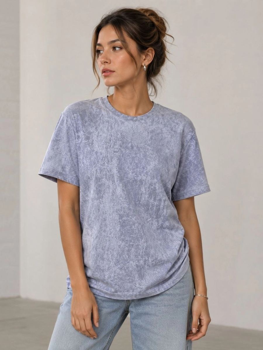 Kadın Yıkamalı Washed Effect Tişört Bisiklet Yaka Sokak Stil Kısa Kol T-Shirt - Gri