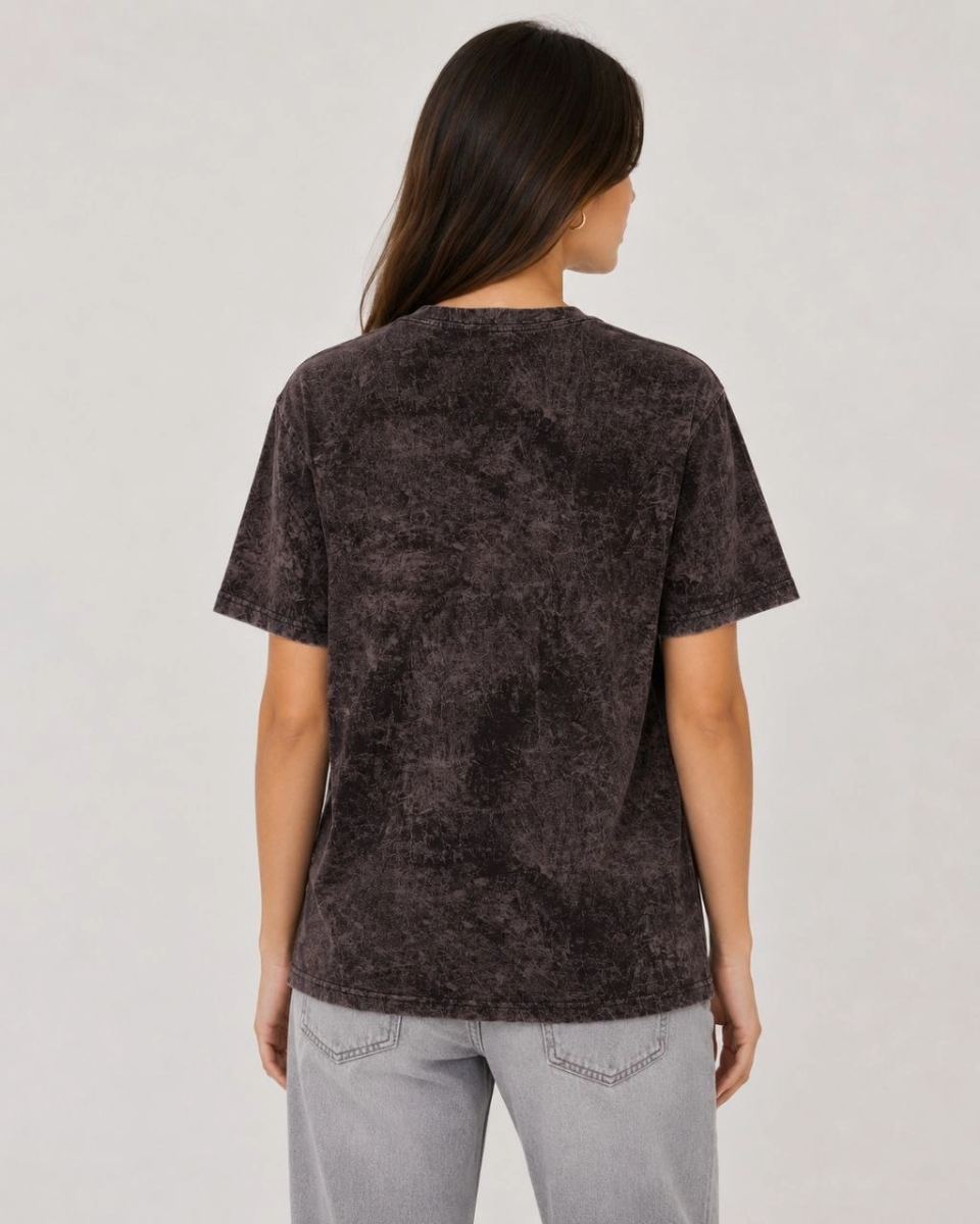 Kadın Yıkamalı Washed Effect Tişört Bisiklet Yaka Sokak Stil Kısa Kol T-Shirt - Siyah