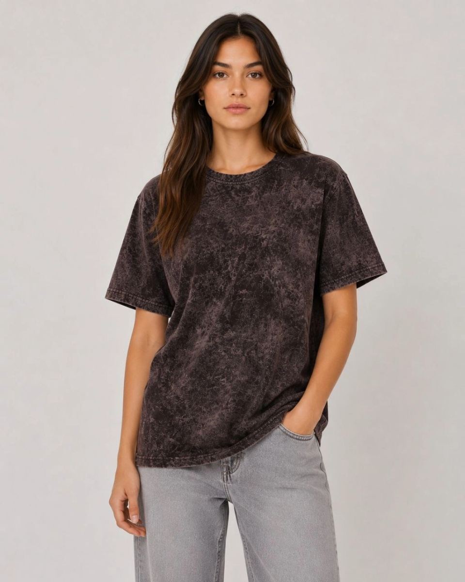 Kadın Yıkamalı Washed Effect Tişört Bisiklet Yaka Sokak Stil Kısa Kol T-Shirt - Siyah