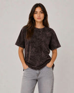 Kadın Yıkamalı Washed Effect Tişört Bisiklet Yaka Sokak Stil Kısa Kol T-Shirt - Siyah