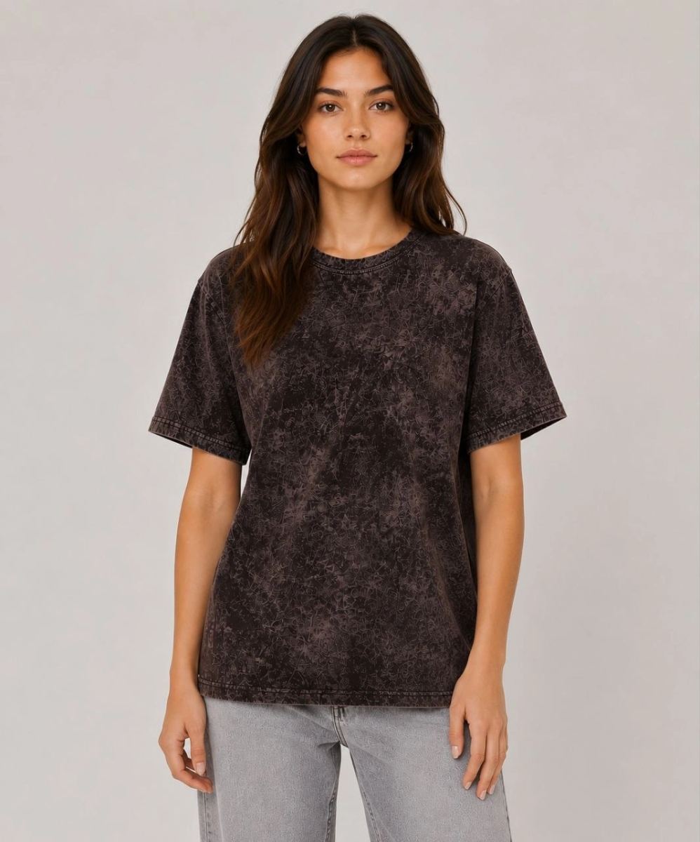 Kadın Yıkamalı Washed Effect Tişört Bisiklet Yaka Sokak Stil Kısa Kol T-Shirt - Siyah