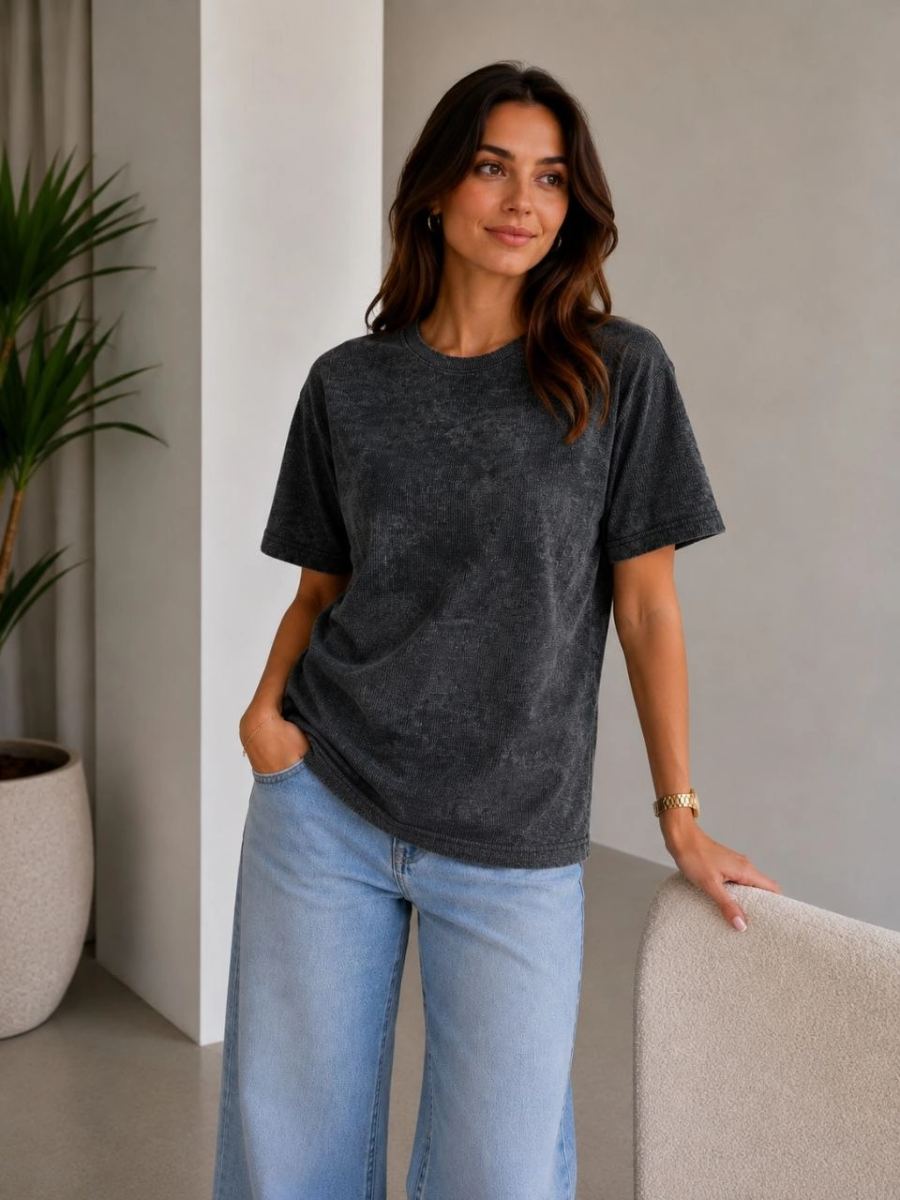 Kadın Batik Desenli Tişört Bisiklet Yaka Kısa Kol Regular Fit T-shirt - Siyah