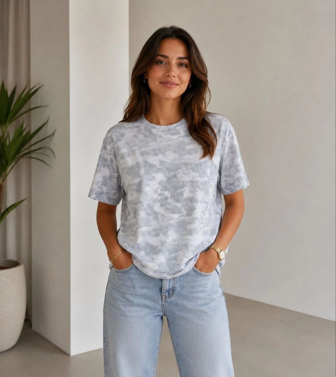 Kadın Batik Desenli Tişört Bisiklet Yaka Kısa Kol Regular Fit T-shirt - Gri