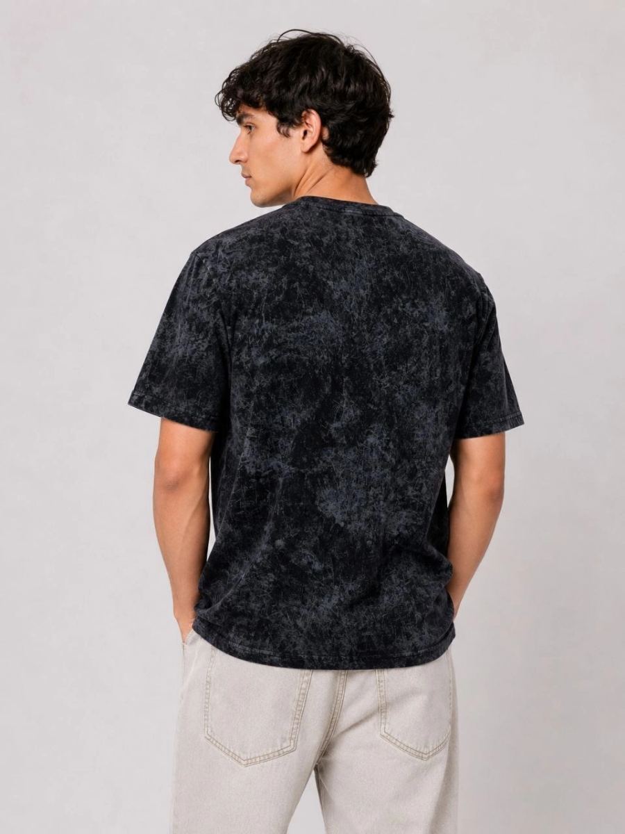 Erkek Yıkamalı Washed Effect Tişört Bisiklet Yaka Sokak Stil Kısa Kol T-Shirt - Siyah