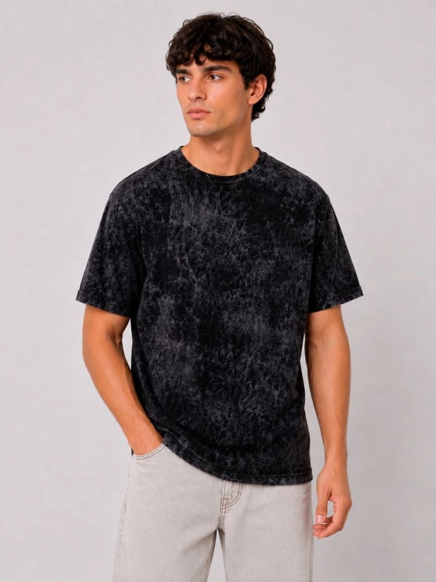 Erkek Yıkamalı Washed Effect Tişört Bisiklet Yaka Sokak Stil Kısa Kol T-Shirt - Siyah