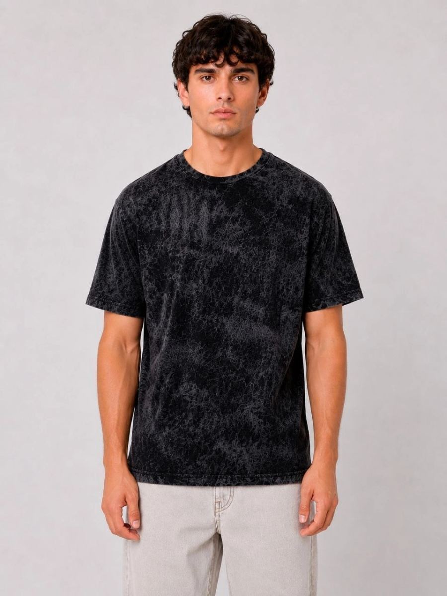 Erkek Yıkamalı Washed Effect Tişört Bisiklet Yaka Sokak Stil Kısa Kol T-Shirt - Siyah