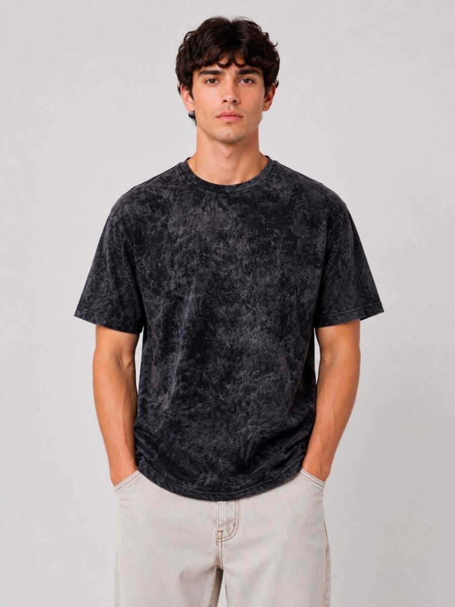 Erkek Yıkamalı Washed Effect Tişört Bisiklet Yaka Sokak Stil Kısa Kol T-Shirt - Siyah