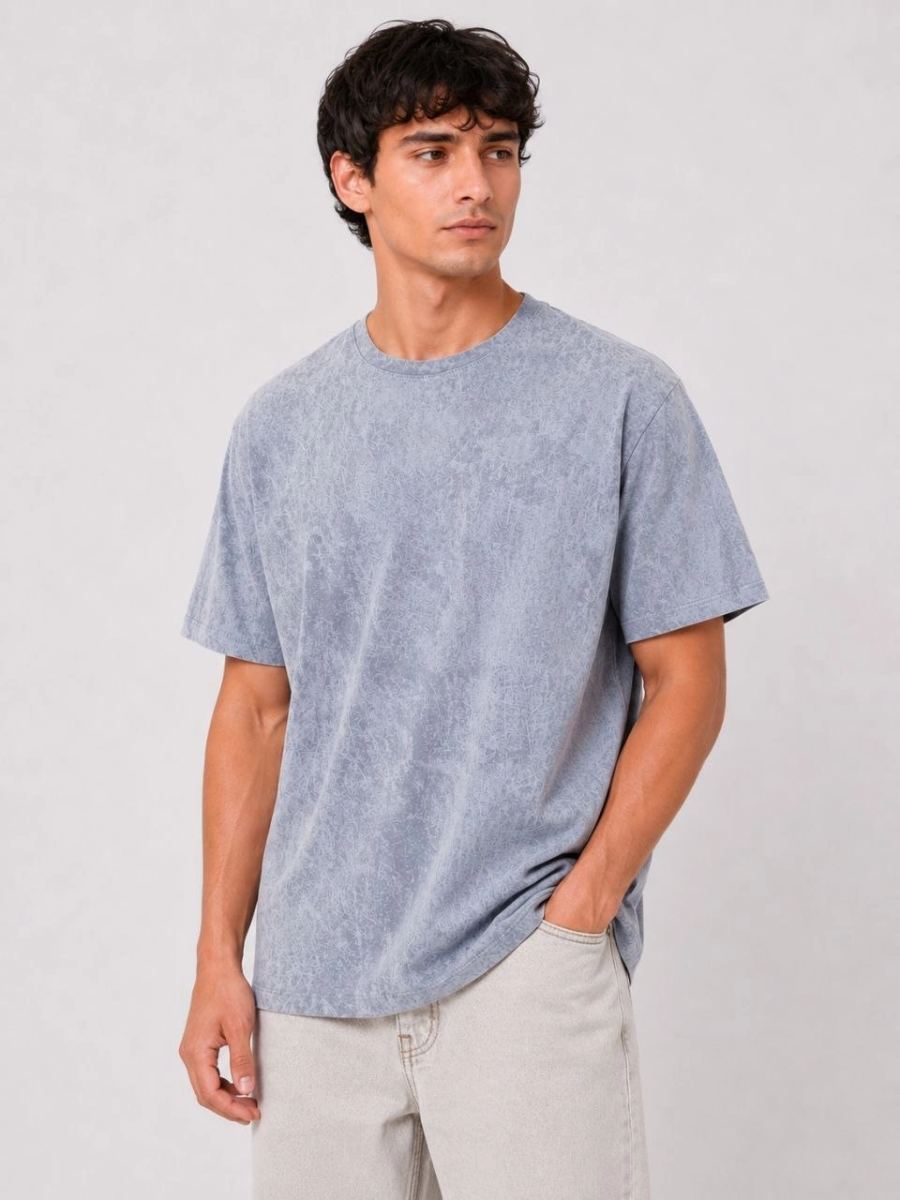 Erkek Yıkamalı Washed Effect Tişört Bisiklet Yaka Sokak Stil Kısa Kol T-Shirt - Gri