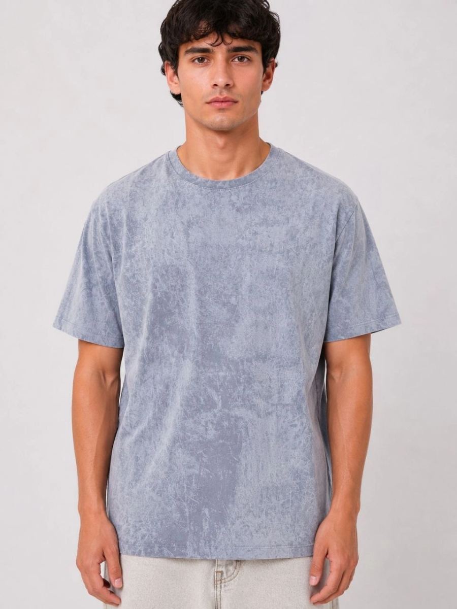 Erkek Yıkamalı Washed Effect Tişört Bisiklet Yaka Sokak Stil Kısa Kol T-Shirt - Gri