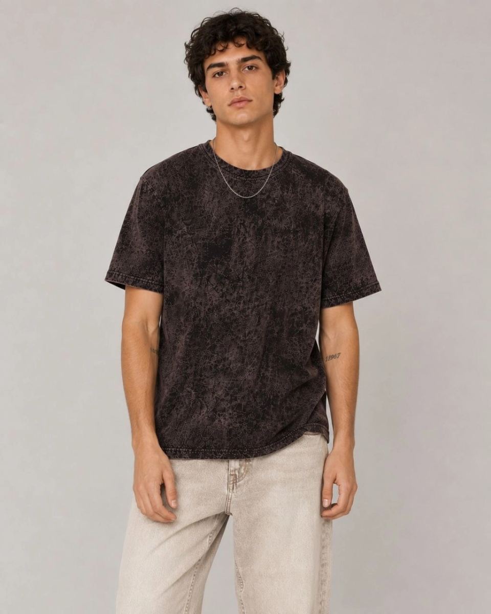 Erkek Yıkamalı Washed Effect Tişört Bisiklet Yaka Sokak Stil Kısa Kol T-Shirt - Füme