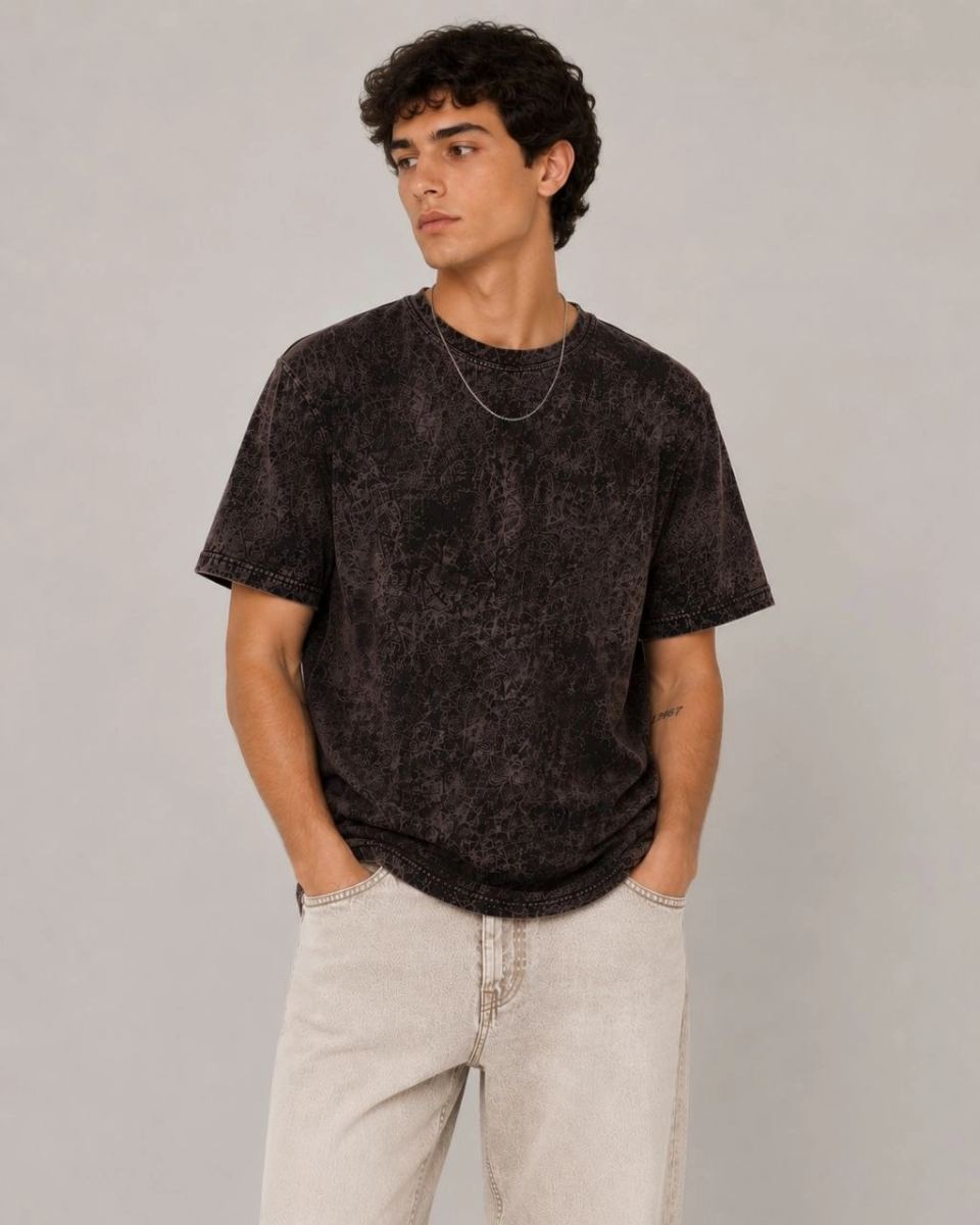 Erkek Yıkamalı Washed Effect Tişört Bisiklet Yaka Sokak Stil Kısa Kol T-Shirt - Füme
