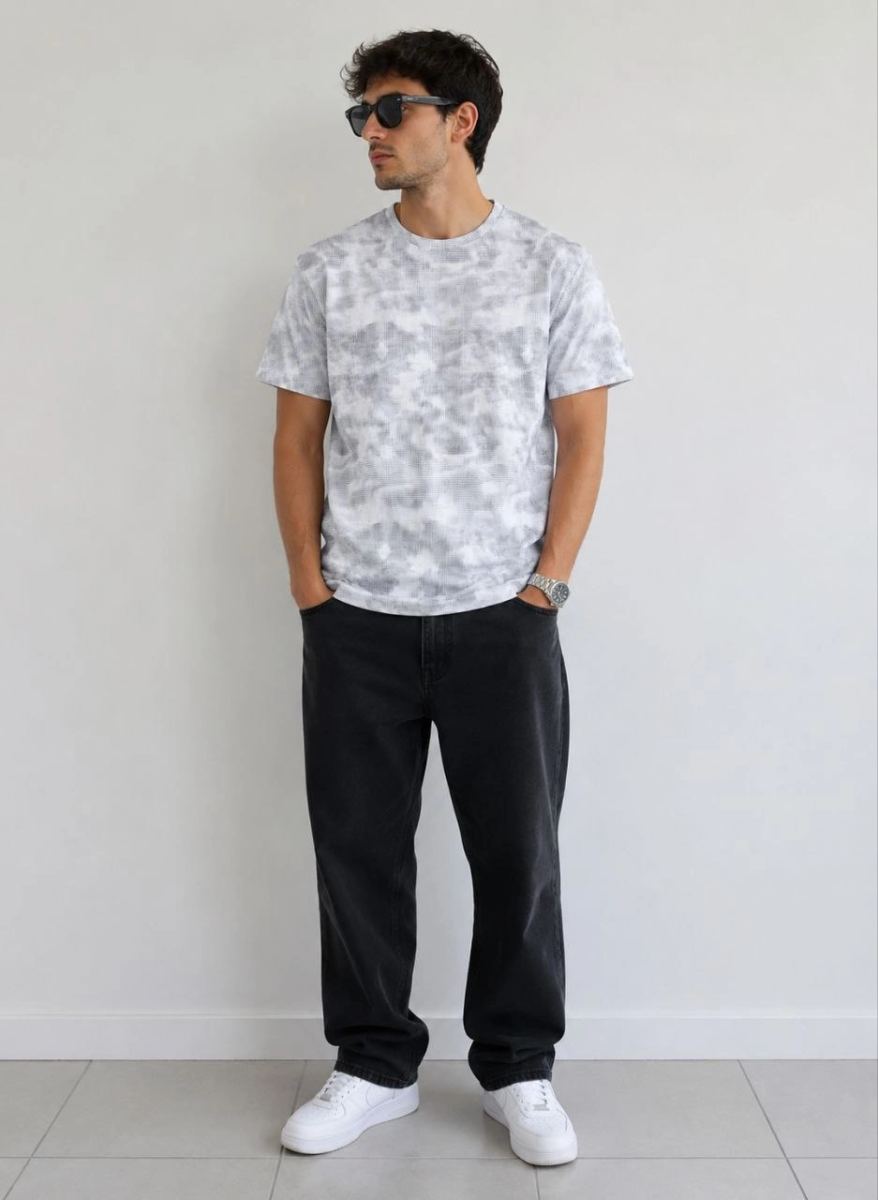 Erkek Batik Desenli Tişört Bisiklet Yaka Kısa Kol Regular Fit T-shirt - Gri