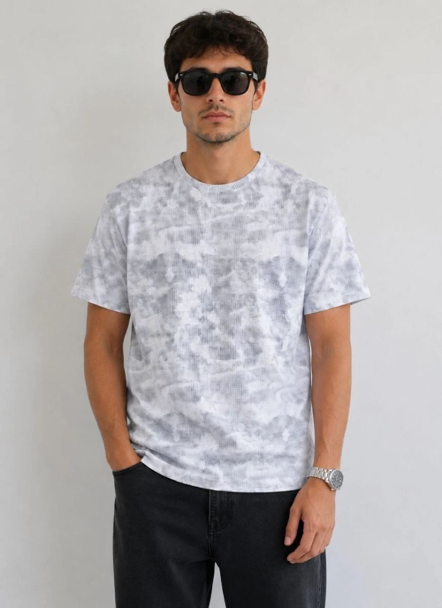 Erkek Batik Desenli Tişört Bisiklet Yaka Kısa Kol Regular Fit T-shirt - Gri