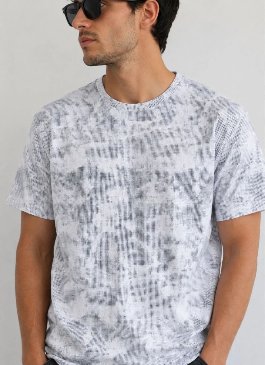 Erkek Batik Desenli Tişört Bisiklet Yaka Kısa Kol Regular Fit T-shirt - Gri