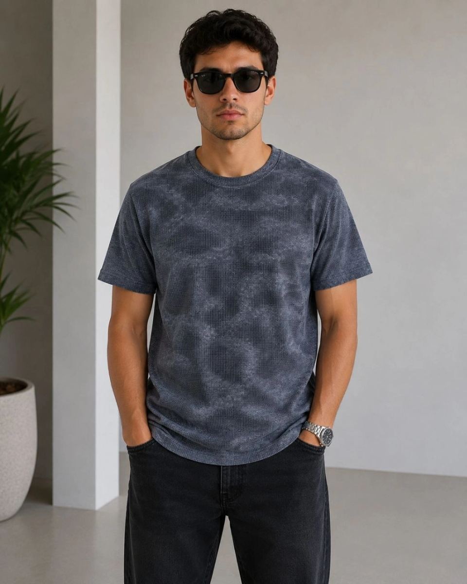 Erkek Batik Desenli Tişört Bisiklet Yaka Kısa Kol Regular Fit T-shirt - Füme