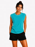 Kadın Kontrast Biyeli Kolsuz Atlet Bisiklet Yaka Yazlık Basic Atlet - Turkuaz