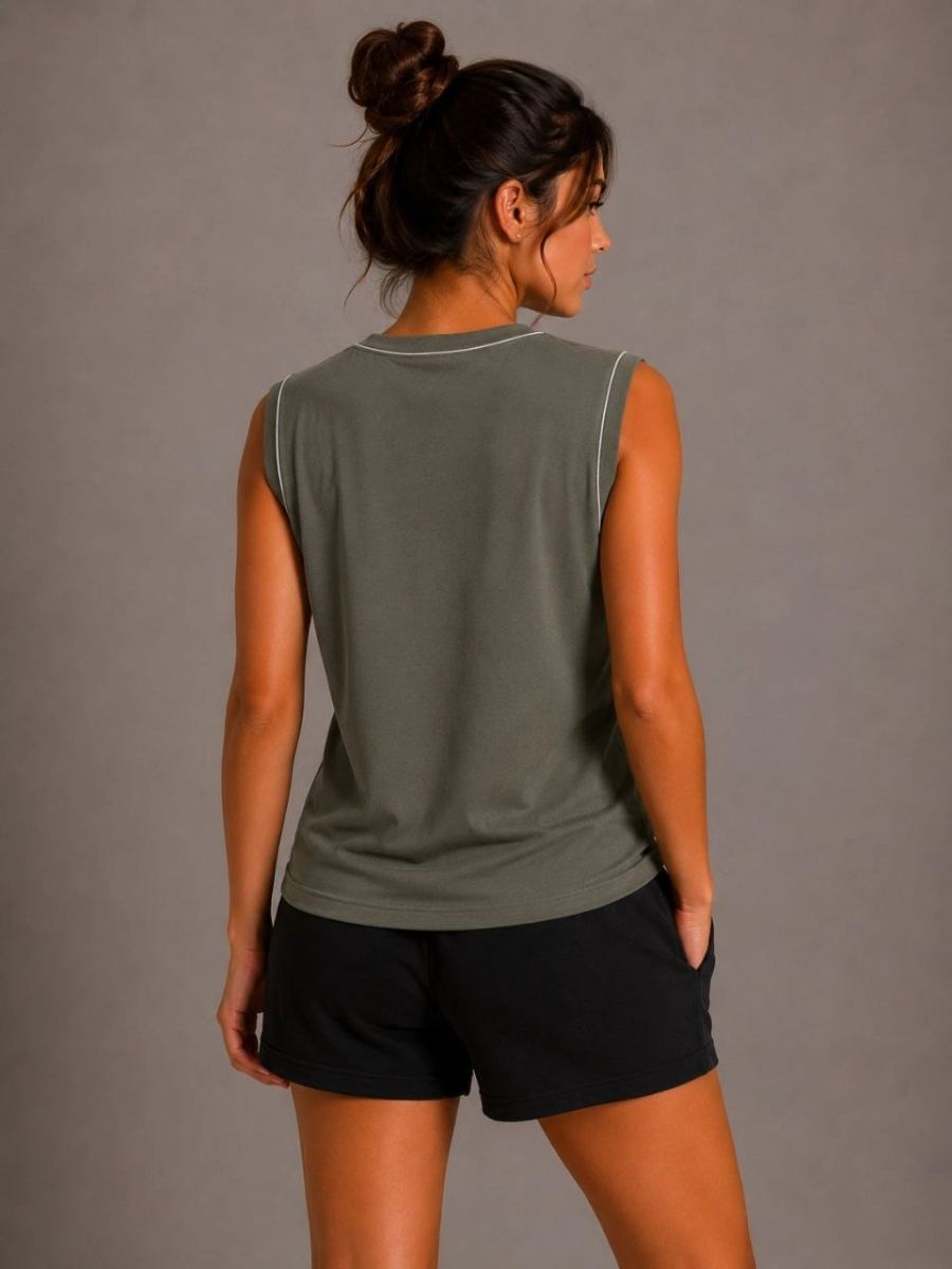 Kadın Kontrast Biyeli Kolsuz Atlet Bisiklet Yaka Yazlık Basic Atlet - Haki
