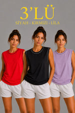 Kadın 3’lü Kolsuz Sporcu Atlet Seti Yazlık Bisiklet Yaka - Siyah, Kırmızı, Lila