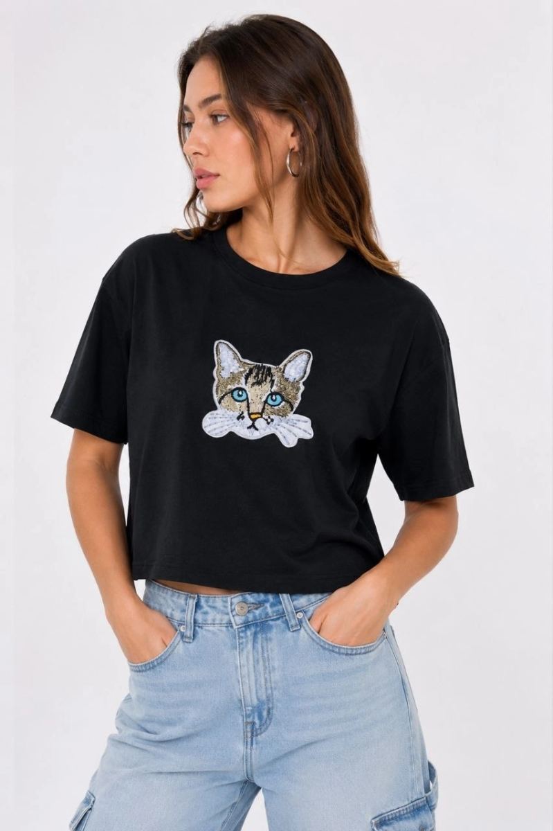 Kadın Kedi Baskılı Oversize Crop Tişört Salaş Basic Yarım Kol T-shirt - Siyah