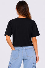 Kadın Kedi Baskılı Oversize Crop Tişört Salaş Basic Yarım Kol T-shirt - Siyah