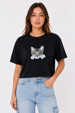 Kadın Kedi Baskılı Oversize Crop Tişört Salaş Basic Yarım Kol T-shirt - Siyah