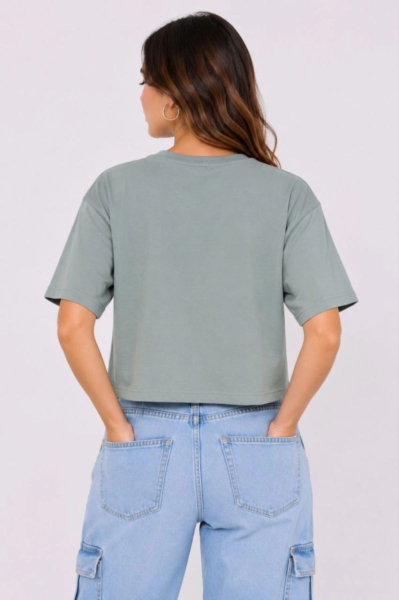 Kadın Kedi Baskılı Oversize Crop Tişört Salaş Basic Yarım Kol T-shirt - Mint Yeşili