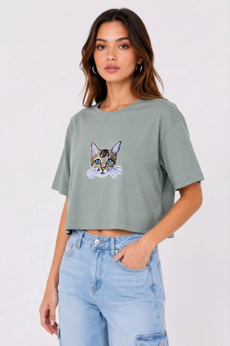 Kadın Kedi Baskılı Oversize Crop Tişört Salaş Basic Yarım Kol T-shirt - Mint Yeşili