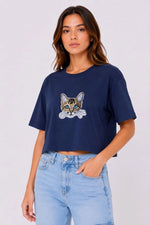 Kadın Kedi Baskılı Oversize Crop Tişört Salaş Basic Yarım Kol T-shirt - Lacivert