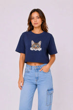 Kadın Kedi Baskılı Oversize Crop Tişört Salaş Basic Yarım Kol T-shirt - Lacivert