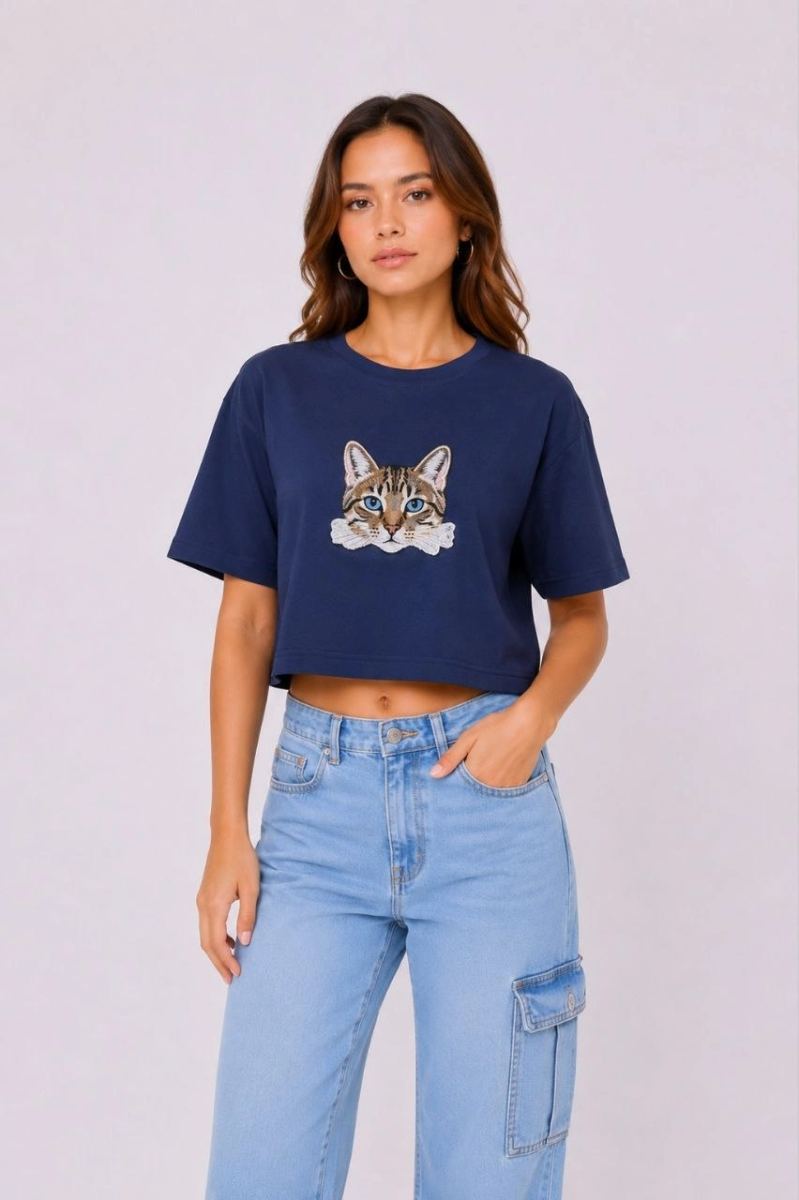 Kadın Kedi Baskılı Oversize Crop Tişört Salaş Basic Yarım Kol T-shirt - Lacivert