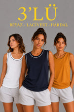 Kadın 3’lü Kolsuz Sporcu Atlet Seti Yazlık Bisiklet Yakalı - Beyaz, Lacivert, Hardal