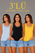 Kadın 3’lü Kolsuz Sporcu Atlet Seti Yazlık Bisiklet Yakalı - Sarı, Siyah, Bebe Mavisi
