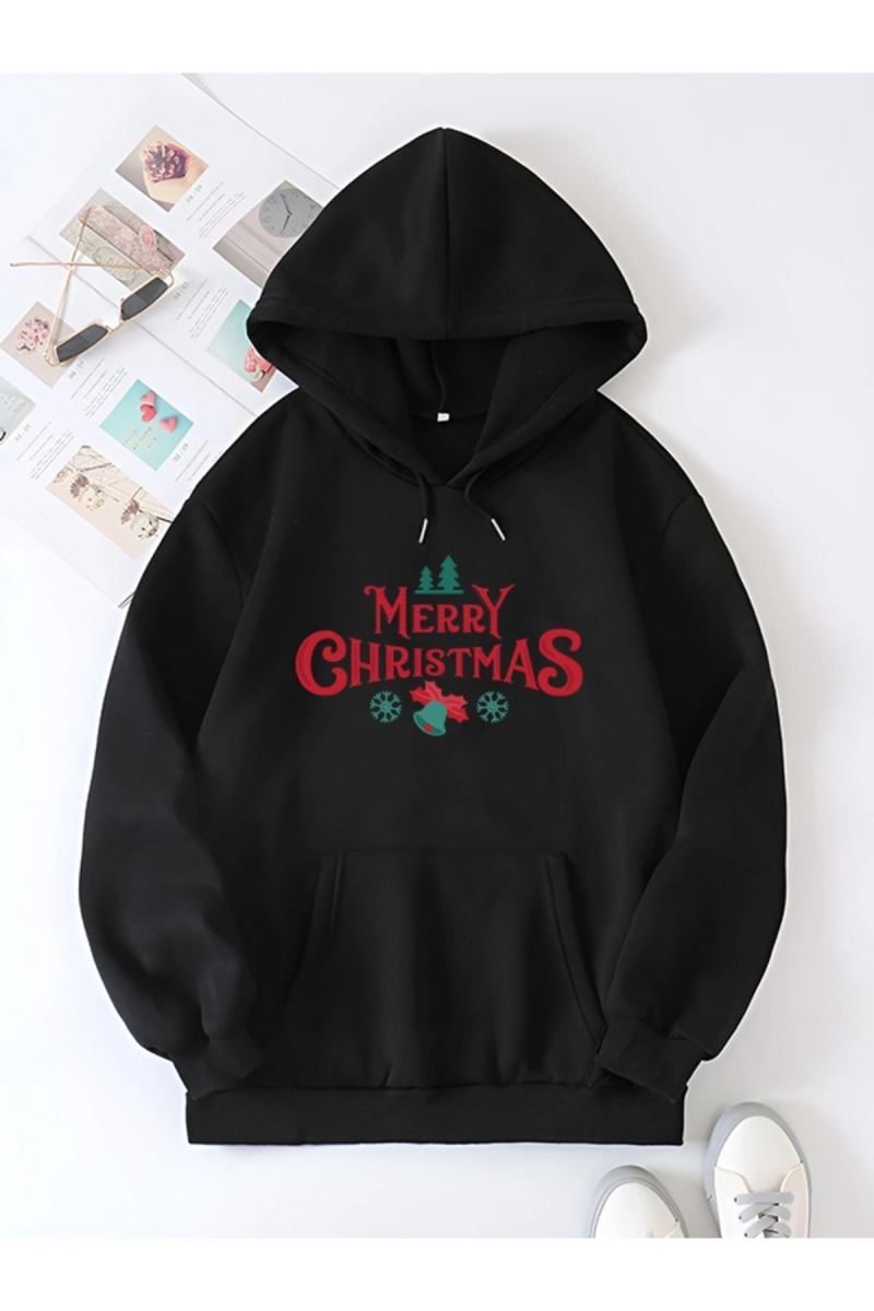 Yılbaşı Merry Christmas Baskılı Oversize Kapüşonlu Sweatshirt Hoodie - Siyah