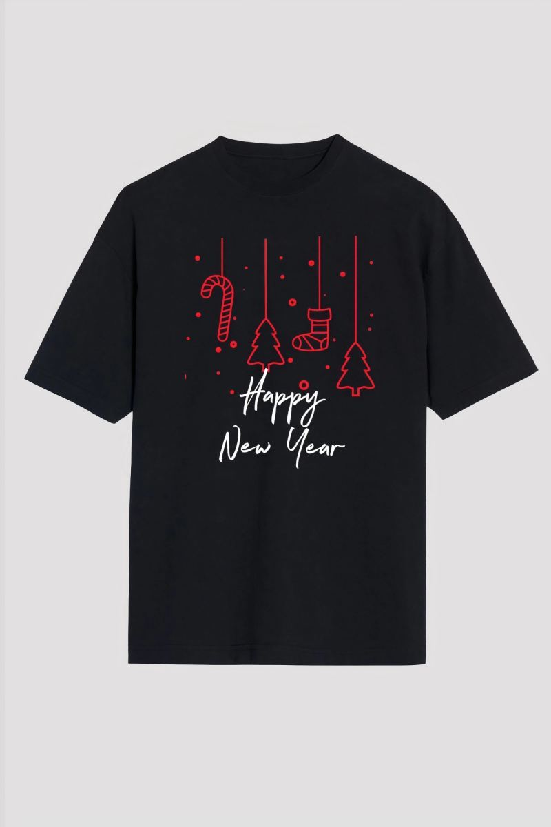 Yılbaşı Happy New Year Baskılı Kısa Kollu Oversize Bisiklet Yaka T-shirt - Siyah