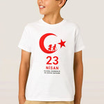 Çocuk 23 Nisan Ulusal Egemenlik ve Çocuk Bayramı Baskılı Bisiklet Yaka T-shirt - Beyaz
