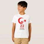 Çocuk 23 Nisan Ulusal Egemenlik ve Çocuk Bayramı Baskılı Bisiklet Yaka T-shirt - Beyaz