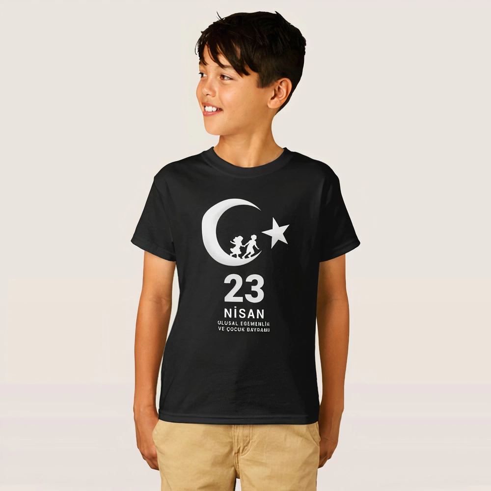 Çocuk 23 Nisan Ulusal Egemenlik ve Çocuk Bayramı Baskılı Bisiklet Yaka T-shirt - Siyah